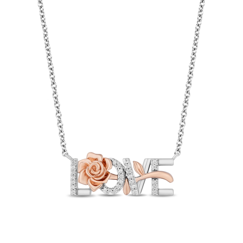Main Image 1 of Enchanted Disney Belle 1/10 CT. T.W. Diamond "LOVE" Rose Necklace in Sterling Silver and 10K Rose Gold