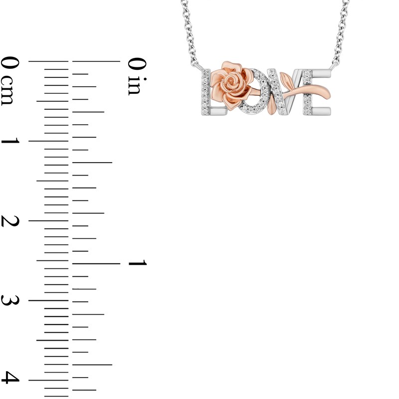 Main Image 3 of Enchanted Disney Belle 1/10 CT. T.W. Diamond "LOVE" Rose Necklace in Sterling Silver and 10K Rose Gold