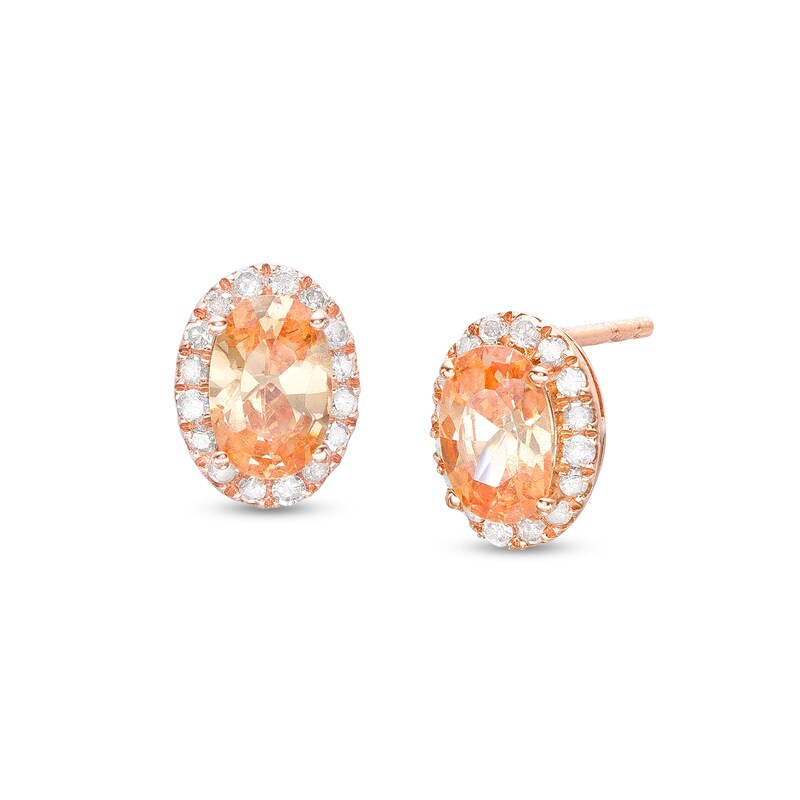 Main Image 1 of Oval Morganite and 1/6 CT. T.W. Diamond Frame Stud Earrings in 10K Rose Gold