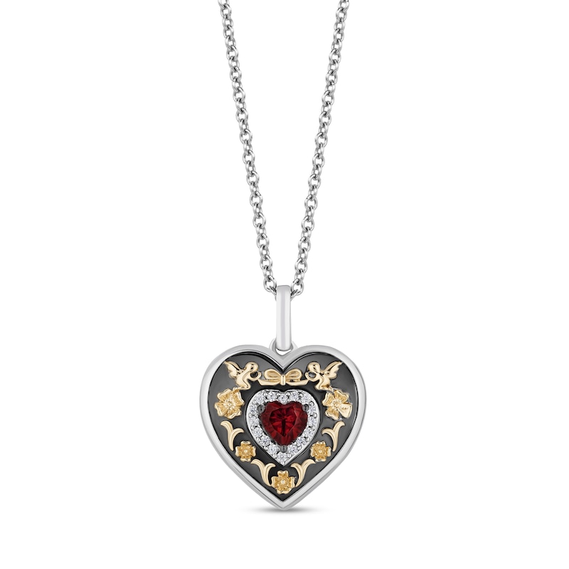 Main Image 1 of Enchanted Disney Snow White 4.0mm Heart-Shaped Garnet and 1/20 CT. T.W. Diamond Pendant in Sterling Silver with 10K Gold