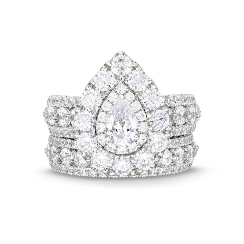 Main Image 1 of 4 CT. T.W. Pear-Shaped Diamond Frame Multi-Row Bridal Set in 14K White Gold (I/SI2)