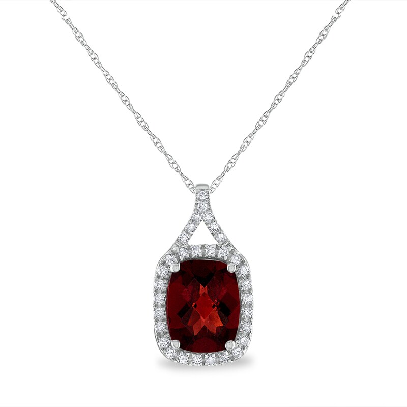 Main Image 1 of Cushion-Shaped Garnet and 1/8 CT. T.W. Diamond Frame Split Bail Pendant in 14K White Gold