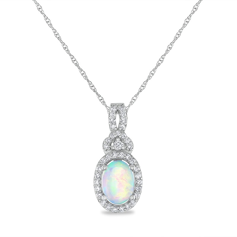 Oval Opal and 1/6 CT. T.W. Diamond Frame Split Bail Pendant in 14K White Gold