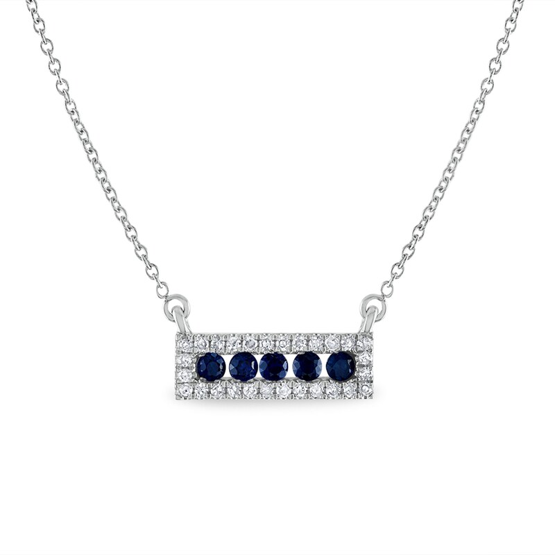 Main Image 1 of Blue Sapphire and 1/6 CT. T.W. Diamond Frame Horizontal Bar Necklace in 14K White Gold