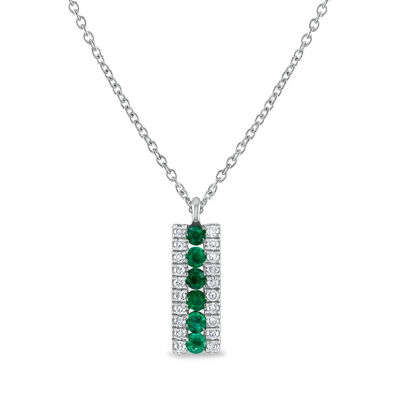 Main Image 1 of Emerald and 1/10 CT. T.W. Diamond Triple Row Bar Pendant in 14K White Gold