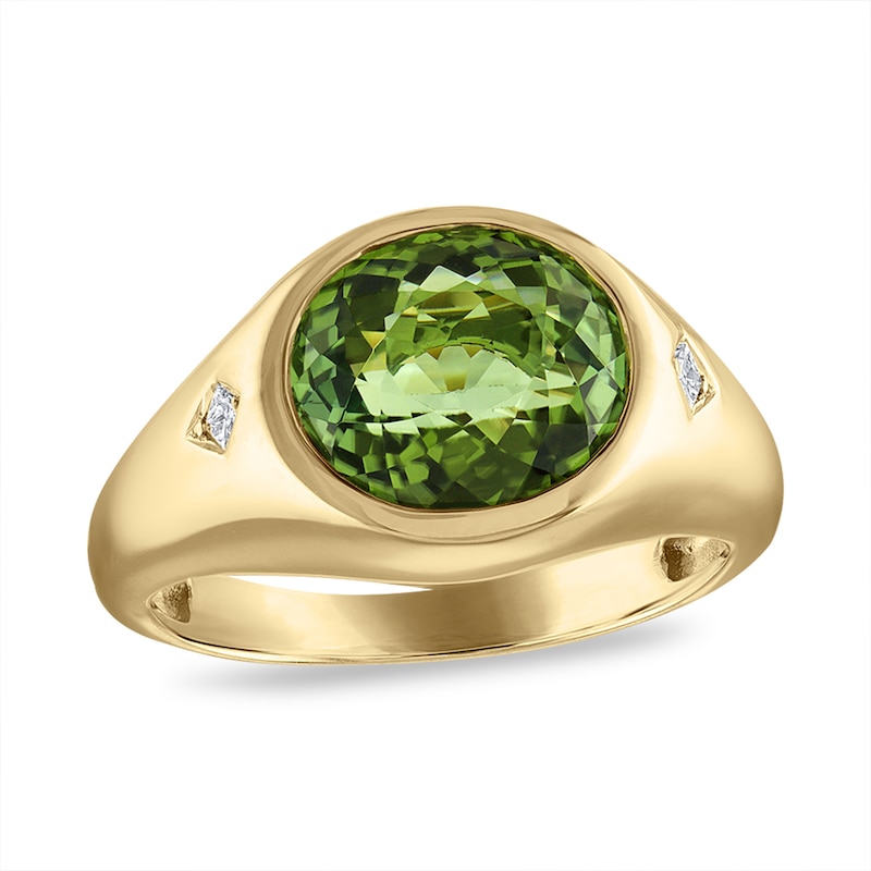 Main Image 1 of Oval Green Paraiba Tourmaline and 1/20 CT. T.W. Princess-Cut Diamond Ring in 14K Gold