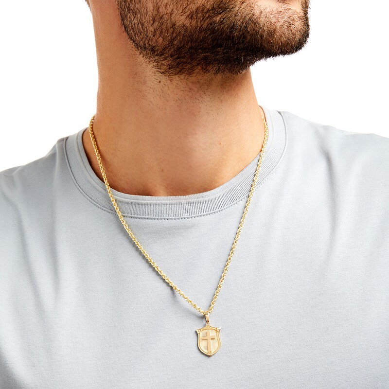 Main Image 2 of Men's Textured Cross Shield Pendant in 10K Gold – 22"