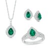 Thumbnail Image 1 of Pear-Shaped Lab-Created Emerald and White Lab-Created Sapphire Pendant, Ring and Stud Earrings Set in Sterling Silver
