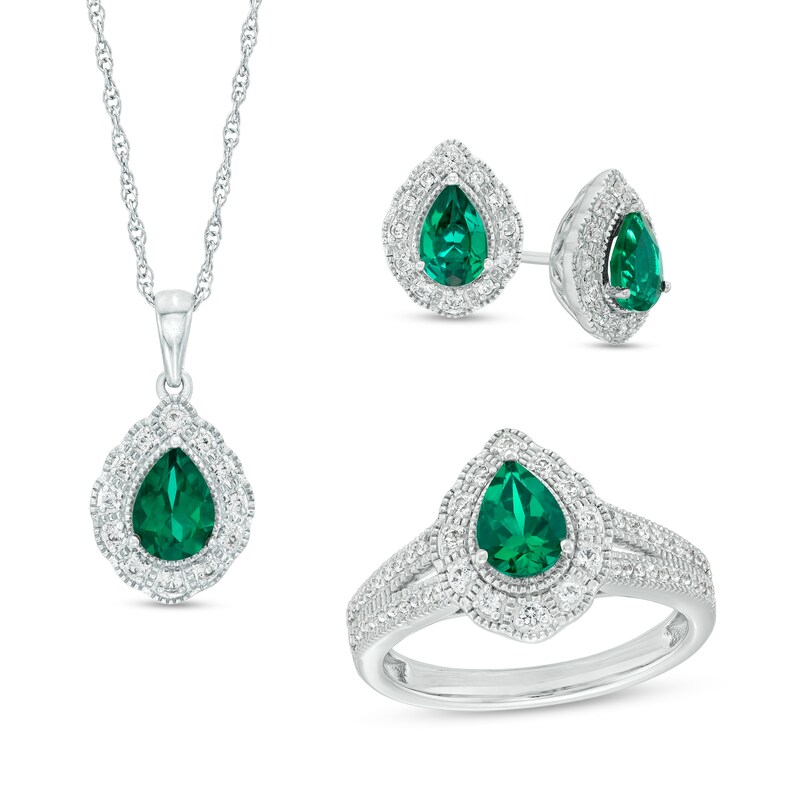 Main Image 1 of Pear-Shaped Lab-Created Emerald and White Lab-Created Sapphire Pendant, Ring and Stud Earrings Set in Sterling Silver