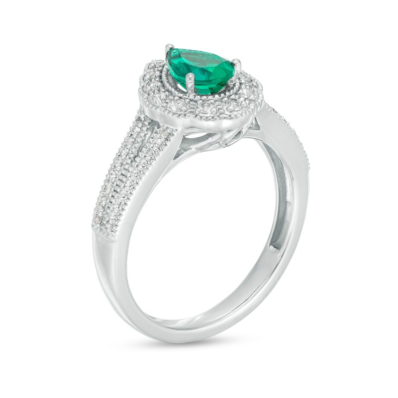 Main Image 3 of Pear-Shaped Lab-Created Emerald and White Lab-Created Sapphire Pendant, Ring and Stud Earrings Set in Sterling Silver