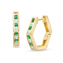 Princess-Cut Emerald and 1/4 CT. T.W. Diamond Alternating Hexagonal Huggie Hoop Earrings in 10K Gold