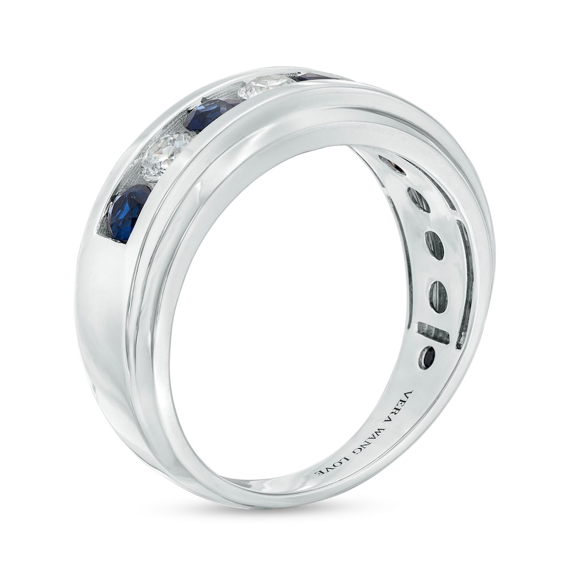 Main Image 3 of Vera Wang Men's 1/2 CT. T.W. Lab-Grown Diamond and Blue Sapphire Wedding Band in 14K White Gold