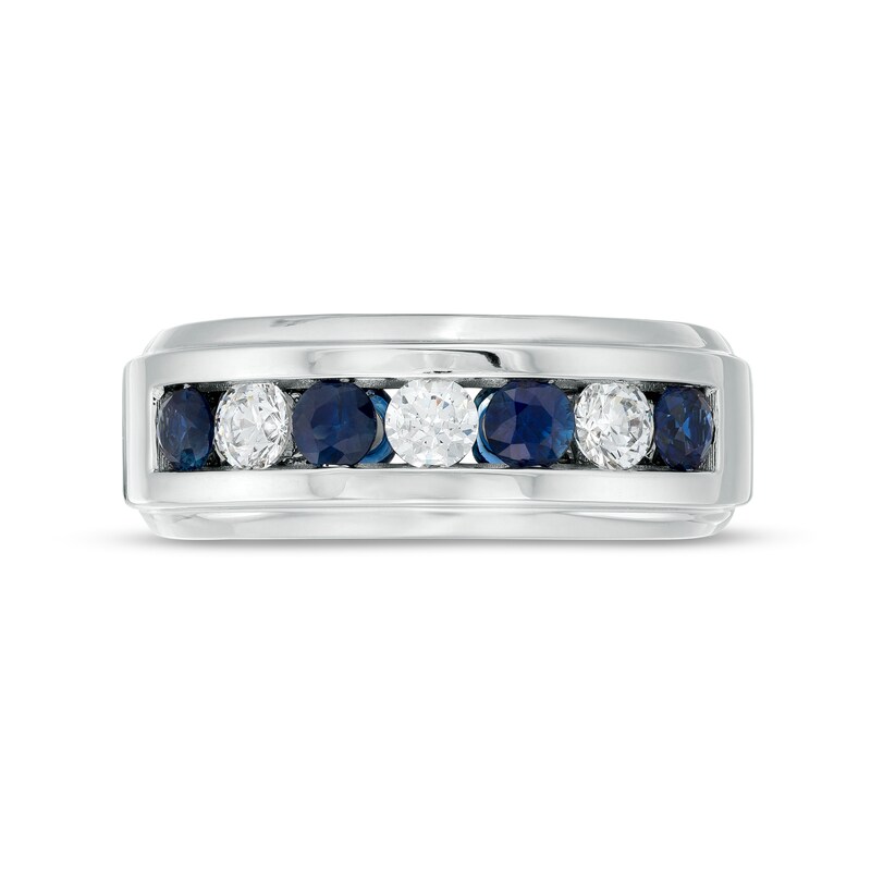 Main Image 4 of Vera Wang Men's 1/2 CT. T.W. Lab-Grown Diamond and Blue Sapphire Wedding Band in 14K White Gold
