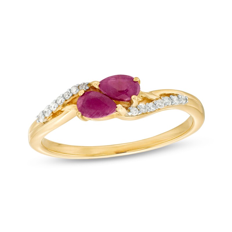 Main Image 1 of Pear-Shaped Ruby and 1/20 CT. T.W. Diamond Bypass Two Stone Ring in 10K Gold
