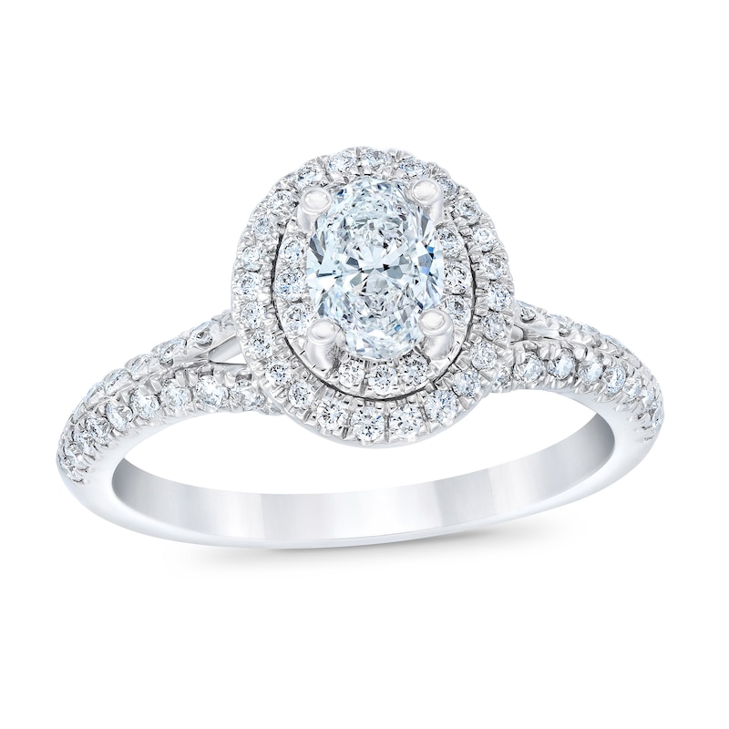 Main Image 1 of Royal Asscher® 1 CT. T.W. Oval Diamond Double Frame Engagement Ring in 14K White Gold