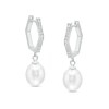 Thumbnail Image 1 of Oval Freshwater Cultured Pearl and White Lab-Created Sapphire Hexagonal Drop Earrings in Sterling Silver