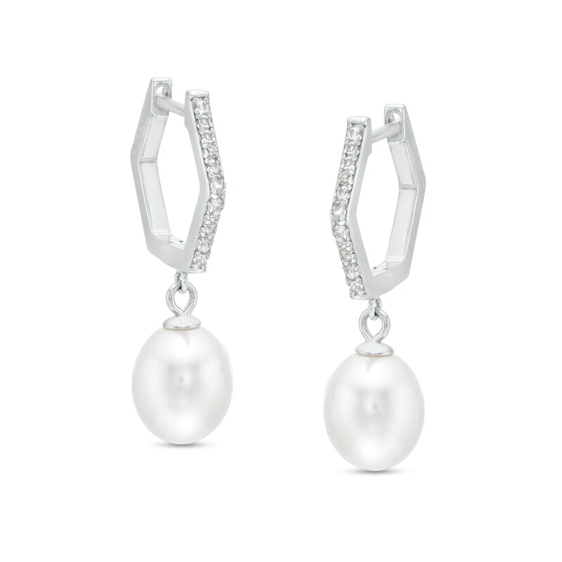 Main Image 1 of Oval Freshwater Cultured Pearl and White Lab-Created Sapphire Hexagonal Drop Earrings in Sterling Silver