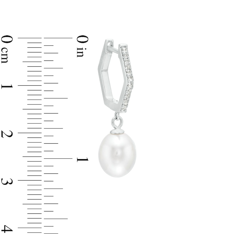 Main Image 3 of Oval Freshwater Cultured Pearl and White Lab-Created Sapphire Hexagonal Drop Earrings in Sterling Silver