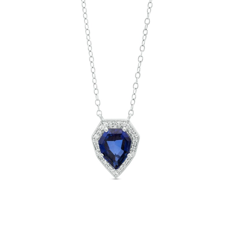 Main Image 1 of Blue Lab-Created Sapphire and 1/10 CT. T.W. Diamond Frame Vintage-Style Shield Necklace in Sterling Silver