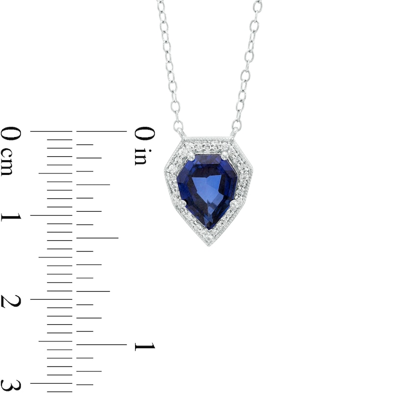 Main Image 3 of Blue Lab-Created Sapphire and 1/10 CT. T.W. Diamond Frame Vintage-Style Shield Necklace in Sterling Silver