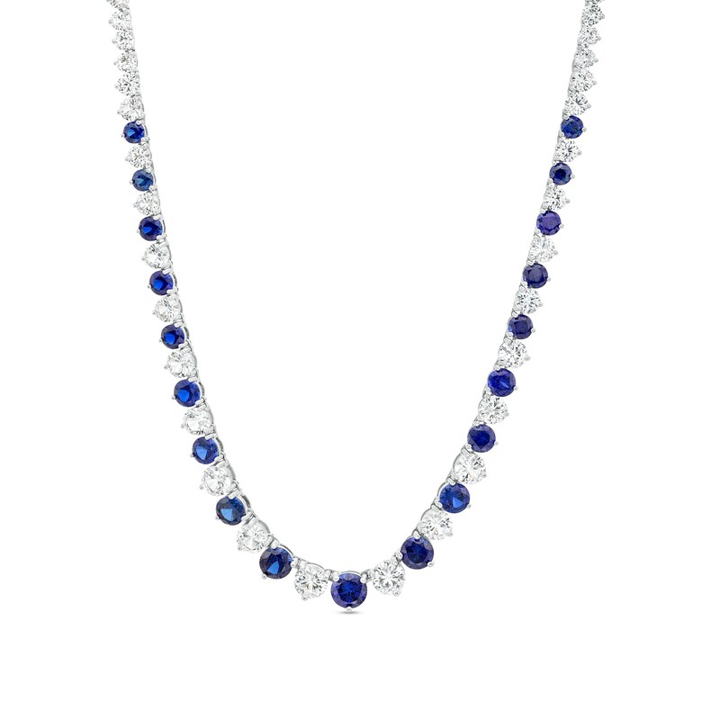 Main Image 1 of Alternating Blue and White Lab-Created Sapphire Graduated Necklace in Sterling Silver