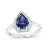 Thumbnail Image 1 of Blue Lab-Created Sapphire and 1/10 CT. T.W. Diamond Frame Vintage-Style Shield Ring in Sterling Silver