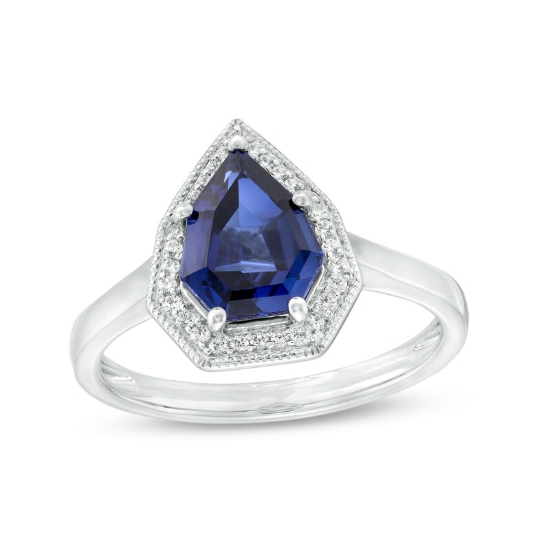 Main Image 1 of Blue Lab-Created Sapphire and 1/10 CT. T.W. Diamond Frame Vintage-Style Shield Ring in Sterling Silver