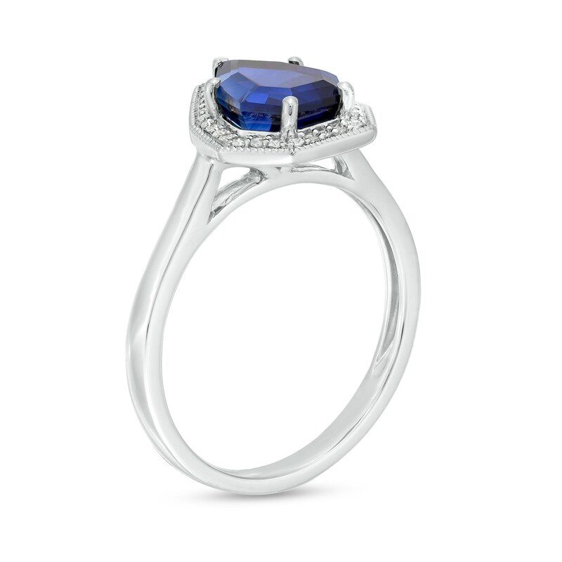 Main Image 3 of Blue Lab-Created Sapphire and 1/10 CT. T.W. Diamond Frame Vintage-Style Shield Ring in Sterling Silver