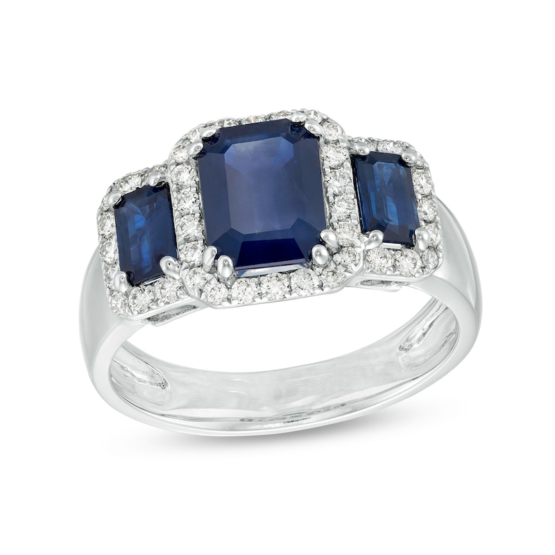 EFFY™ Collection Emerald-Cut Blue Sapphire and 1/3 CT. T.W. Diamond Frame Three Stone Ring in 14K White Gold
