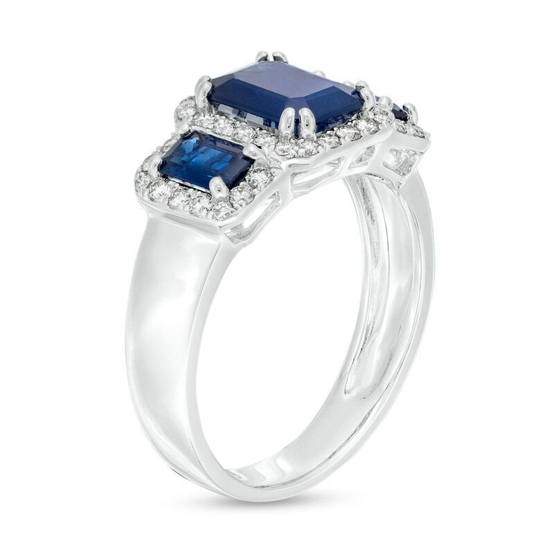 EFFY™ Collection Emerald-Cut Blue Sapphire and 1/3 CT. T.W. Diamond Frame Three Stone Ring in 14K White Gold
