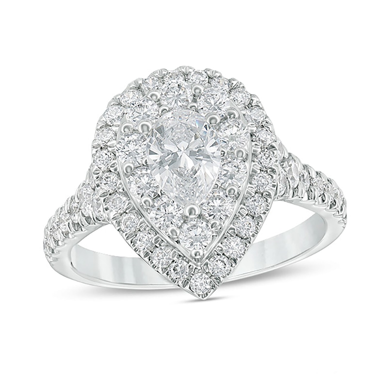Main Image 1 of 1-3/4 CT. T.W. Certified Pear-Shaped Diamond Double Frame Engagement Ring in 14K White Gold (I/SI2)