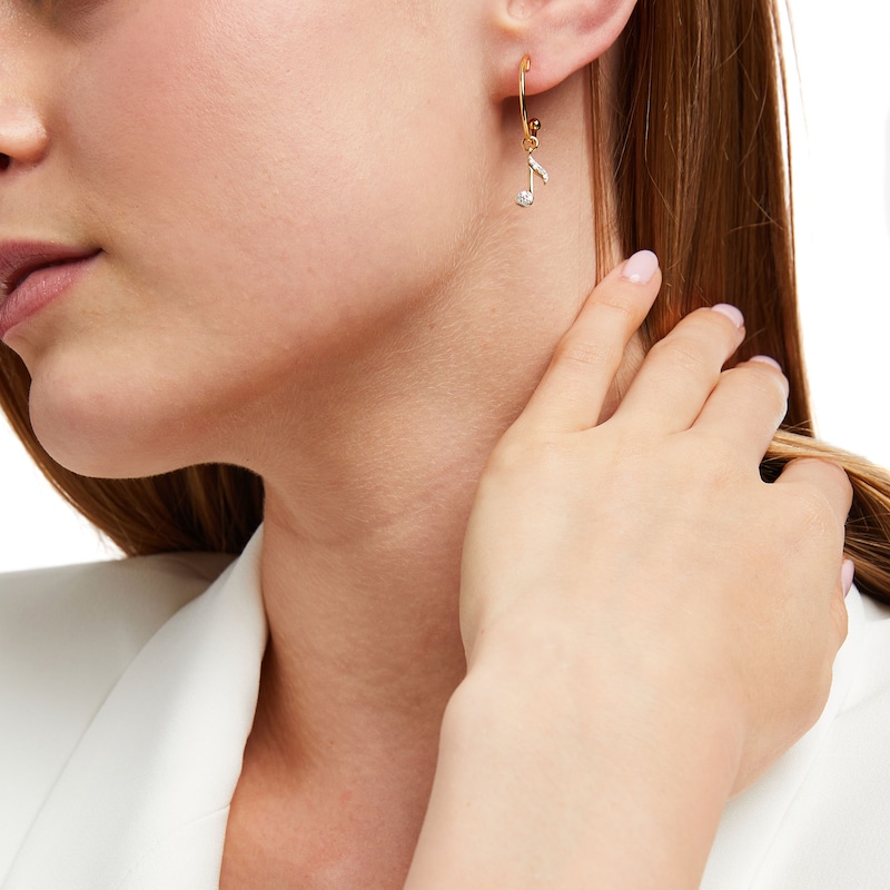 Main Image 2 of 1/8 CT. T.W. Diamond Eighth Note Open Hoop Drop Earrings in Sterling Silver with 18K Gold Plate