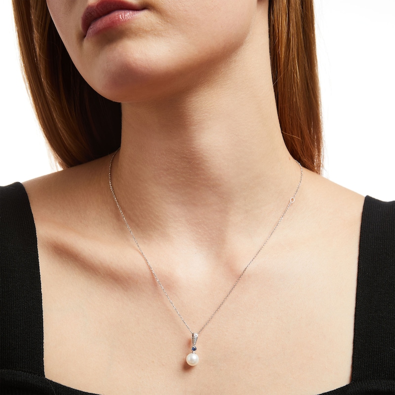 Main Image 2 of Vera Wang Love Collection 8.0mm Freshwater Cultured Pearl, Blue Sapphire and Diamond Accent Pendant in 10K White Gold