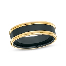 Men's 7.0mm Stripe Wedding Band in Tungsten with Black and Yellow Ion-Plate – Size 10