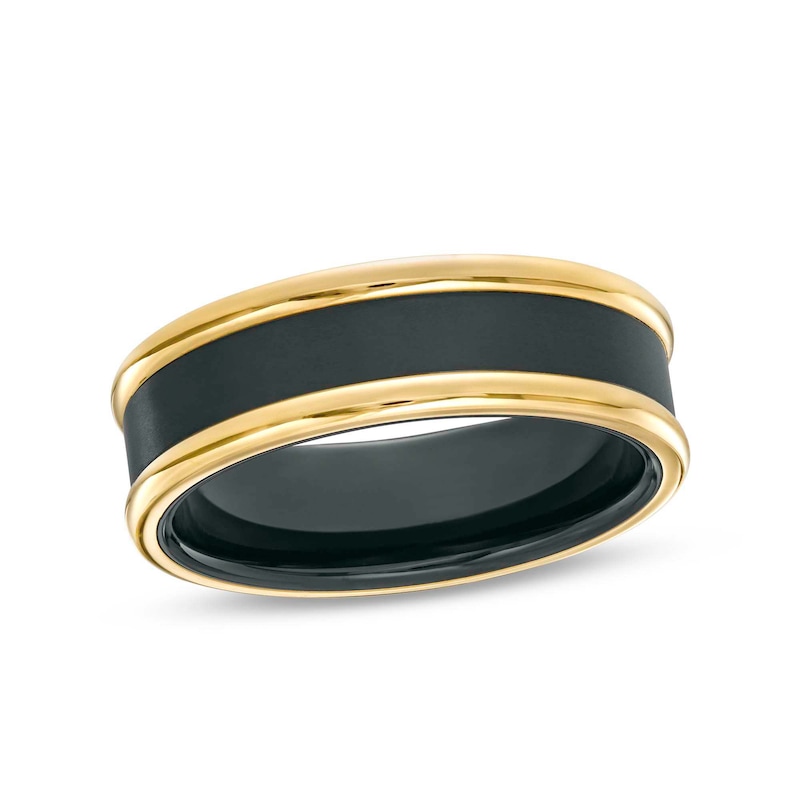 Main Image 1 of Men's 7.0mm Stripe Wedding Band in Tungsten with Black and Yellow Ion-Plate – Size 10