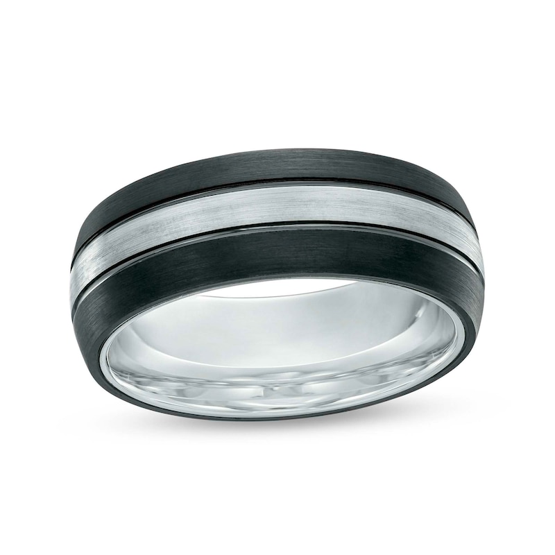 Main Image 1 of Men's 8.0mm Double Stripe Wedding Band in Tungsten with Black Ion-Plate