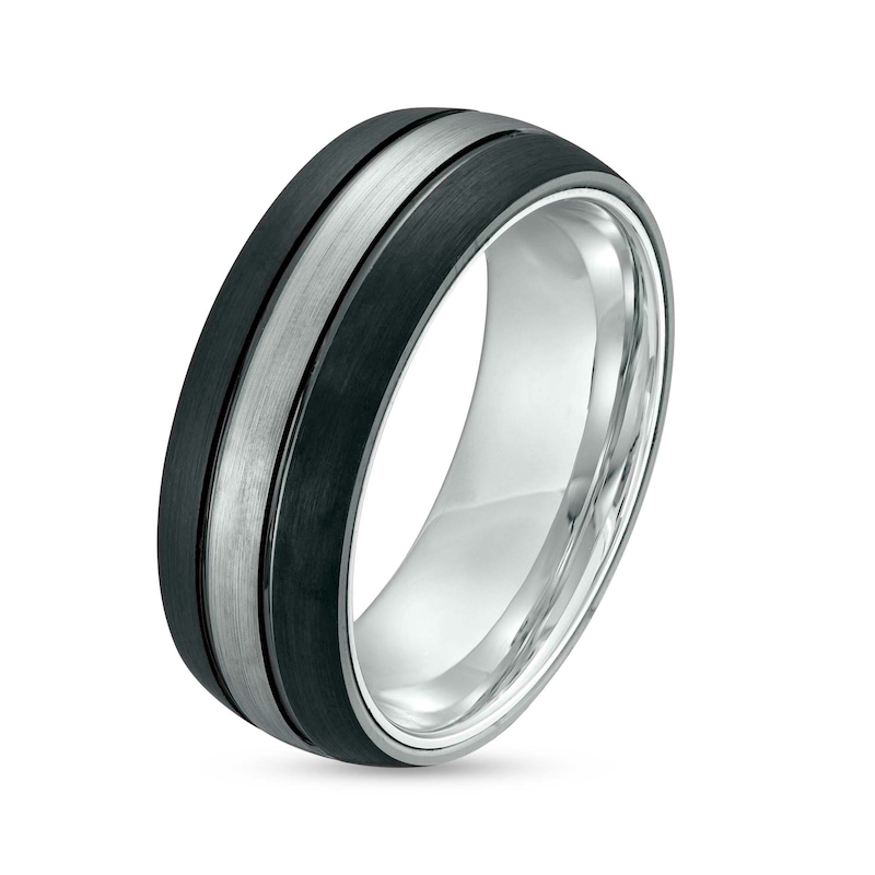 Men's 8.0mm Double Stripe Wedding Band in Tungsten with Black Ion-Plate