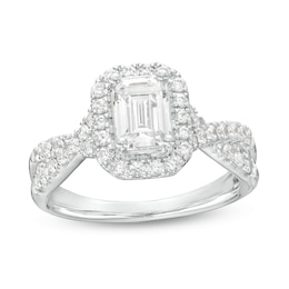 1-1/2 CT. T.W. Certified Emerald-Cut Lab-Grown Diamond Frame Twist Shank Engagement Ring in 14K White Gold (F/VS2)