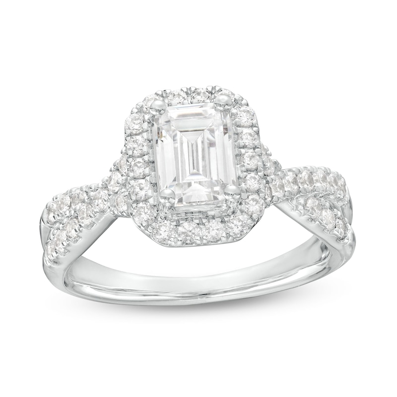 Main Image 1 of 1-1/2 CT. T.W. Certified Emerald-Cut Lab-Grown Diamond Frame Twist Shank Engagement Ring in 14K White Gold (F/VS2)