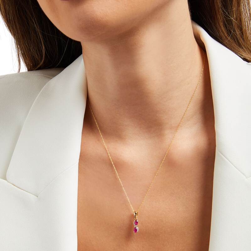 Main Image 2 of Pear-Shaped Ruby and Diamond Accent Swirl Two Stone Pendant in 10K Gold