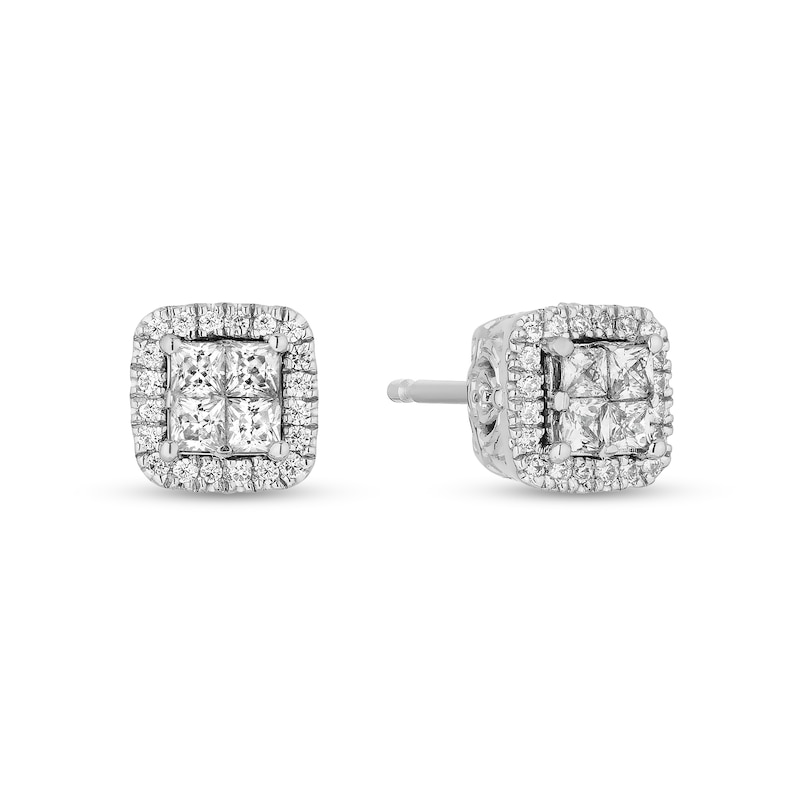 Enchanted Disney Cinderella 1/2 CT. T.W. Quad Princess-Cut Diamond Frame Stud Earrings in Sterling Silver