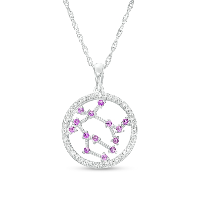 Lab-Created Amethyst and White Lab-Created Sapphire Gemini Circle Outline Pendant in Sterling Silver