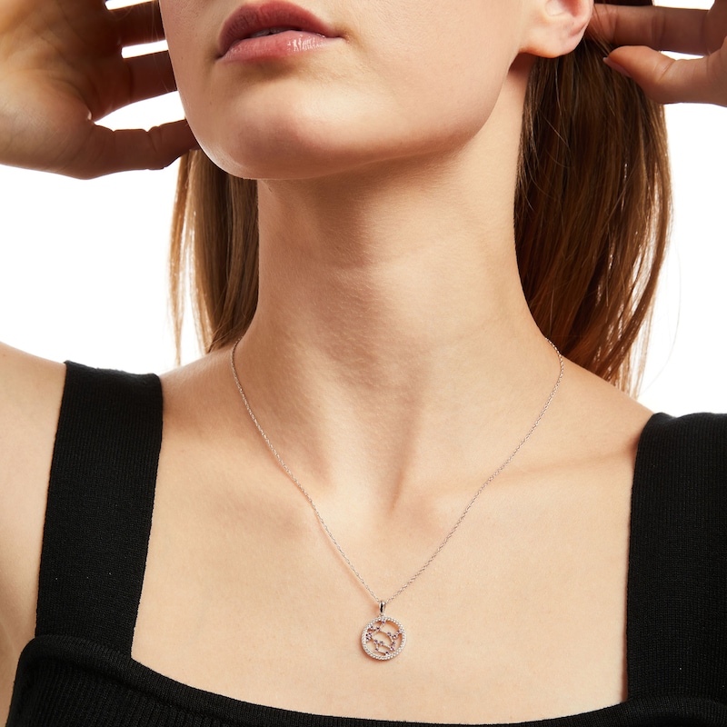 Lab-Created Amethyst and White Lab-Created Sapphire Gemini Circle Outline Pendant in Sterling Silver