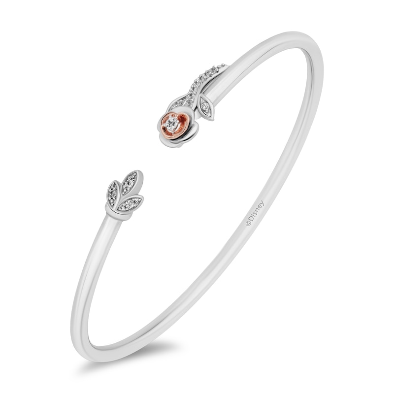 Main Image 1 of Enchanted Disney Belle 1/6 CT. T.W. Diamond Rose Leaf Open Bangle in Sterling Silver and 10K Rose Gold