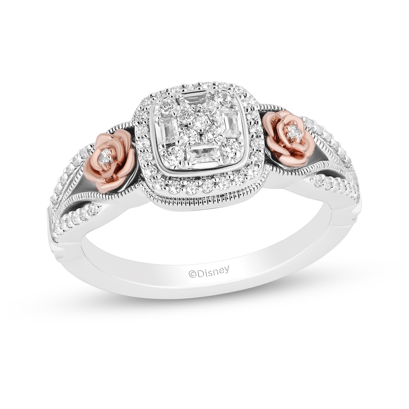 Main Image 1 of Enchanted Disney Belle 1/3 CT. T.W. Cushion-Shaped Multi-Diamond Frame Ring in Sterling Silver and 10K Rose Gold