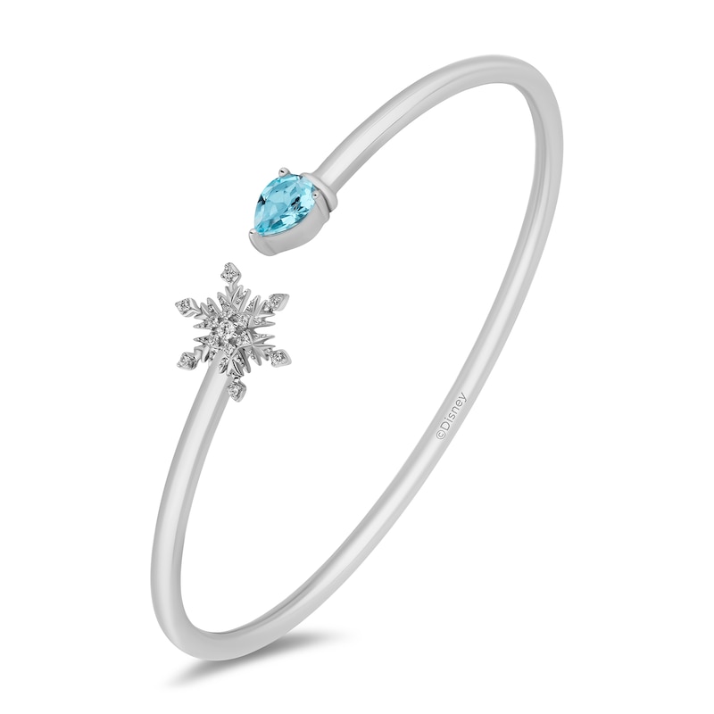 Main Image 1 of Enchanted Disney Elsa Pear-Shaped Aquamarine and 1/15 CT. T.W. Diamond Snowflake Open Bangle in Sterling Silver