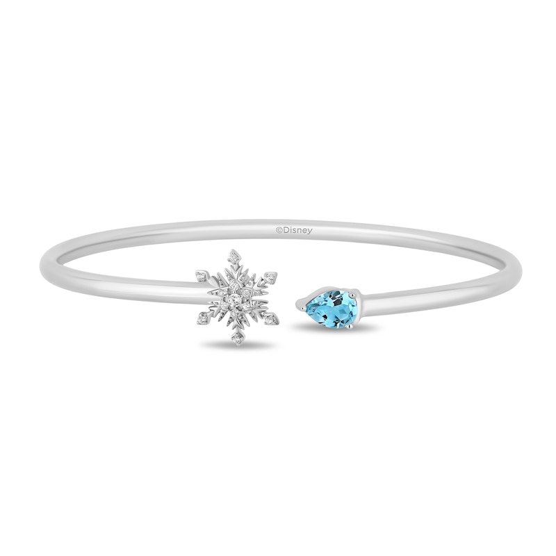 Main Image 2 of Enchanted Disney Elsa Pear-Shaped Aquamarine and 1/15 CT. T.W. Diamond Snowflake Open Bangle in Sterling Silver