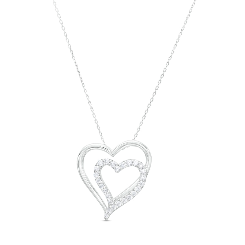 Main Image 1 of 1/2 CT. T.W. Diamond Slanted Double Heart Pendant in Sterling Silver