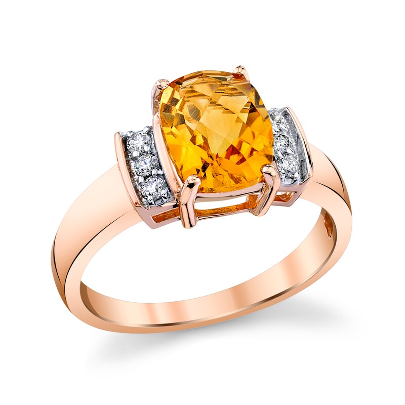 Main Image 1 of Cushion-Cut Citrine and 1/8 CT. T.W. Diamond Collar Ring in 14K Rose Gold