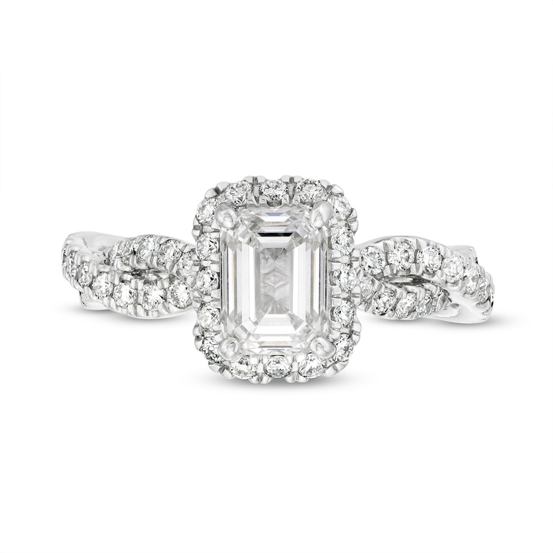 Main Image 4 of Kleinfeld® x Zales 2-1/5 CT. T.W. Certified Emerald-Cut Lab-Grown Diamond Twist Engagement Ring in Platinum (F/VS2)
